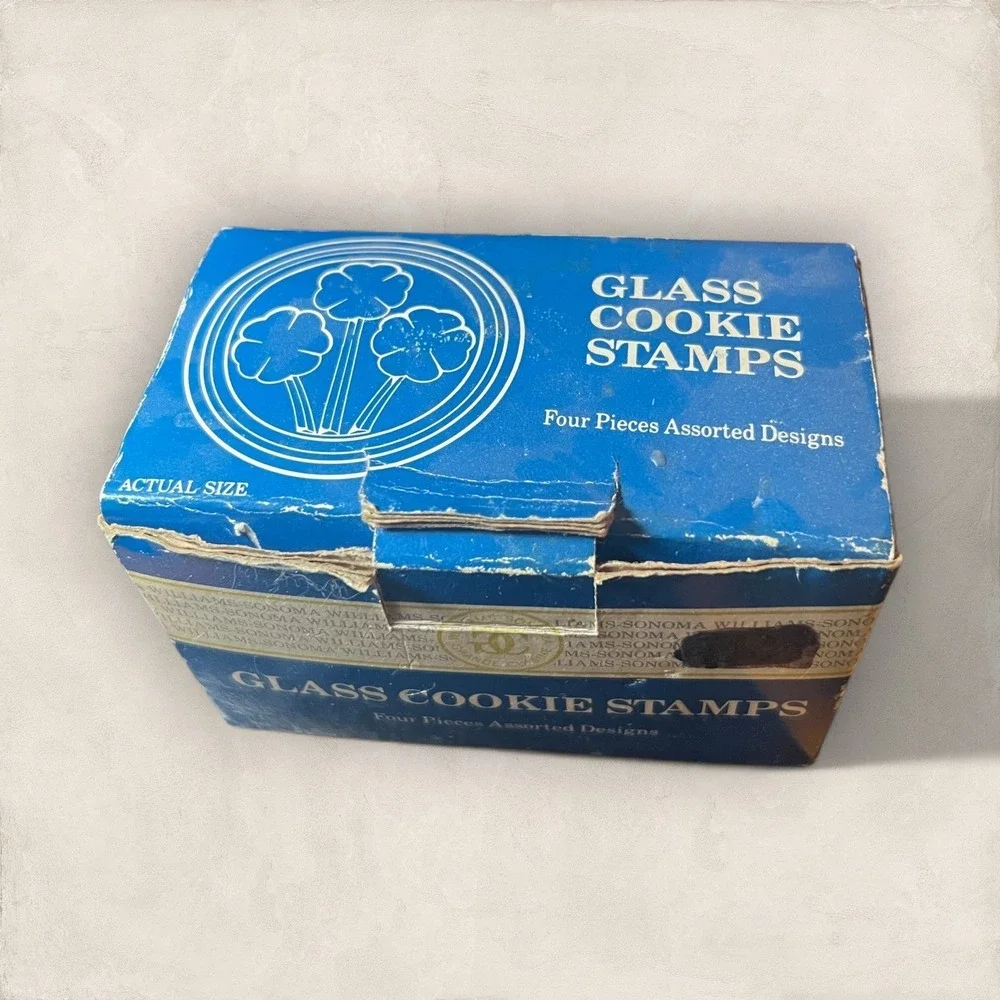 VTG Williams Sonoma Glass Cookie Stamps‎ 4pc Set Clear Floral Heart TAIWAN BOX